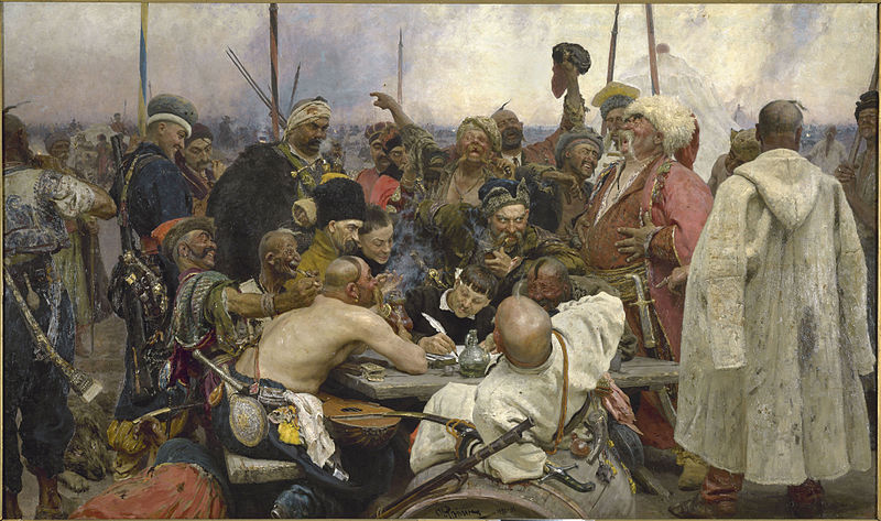 Reply of the Zaporozhian Cossacks to the Ottoman Sultan, 1676 CE, by Ilya Repin (1844-1930) Russian Museum St Petersburg, painted 1880-1891.